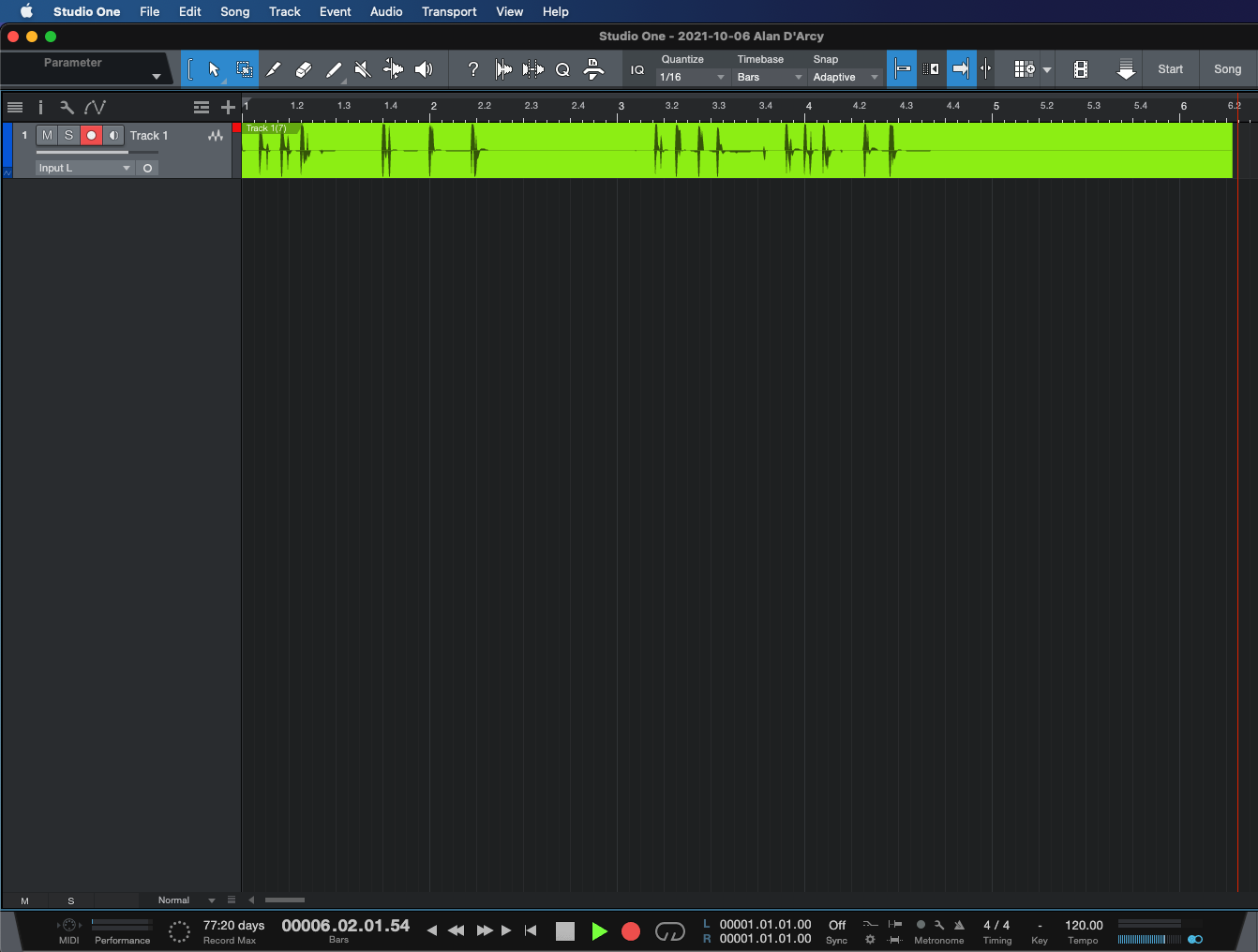 Записанный аудиосигнал на таймлайне Studio One
