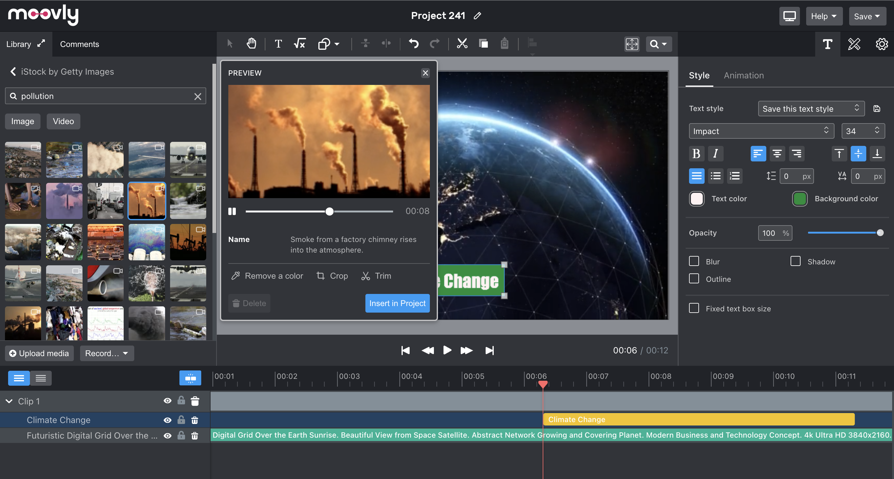 Поиск медиа в Library, предпросмотр клипа и панель Style в Moovly Studio