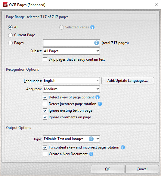 PDF-XChange Editor: окно OCR Pages Enhanced