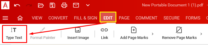 Вкладка Edit и команда Type Text в PDF Architect