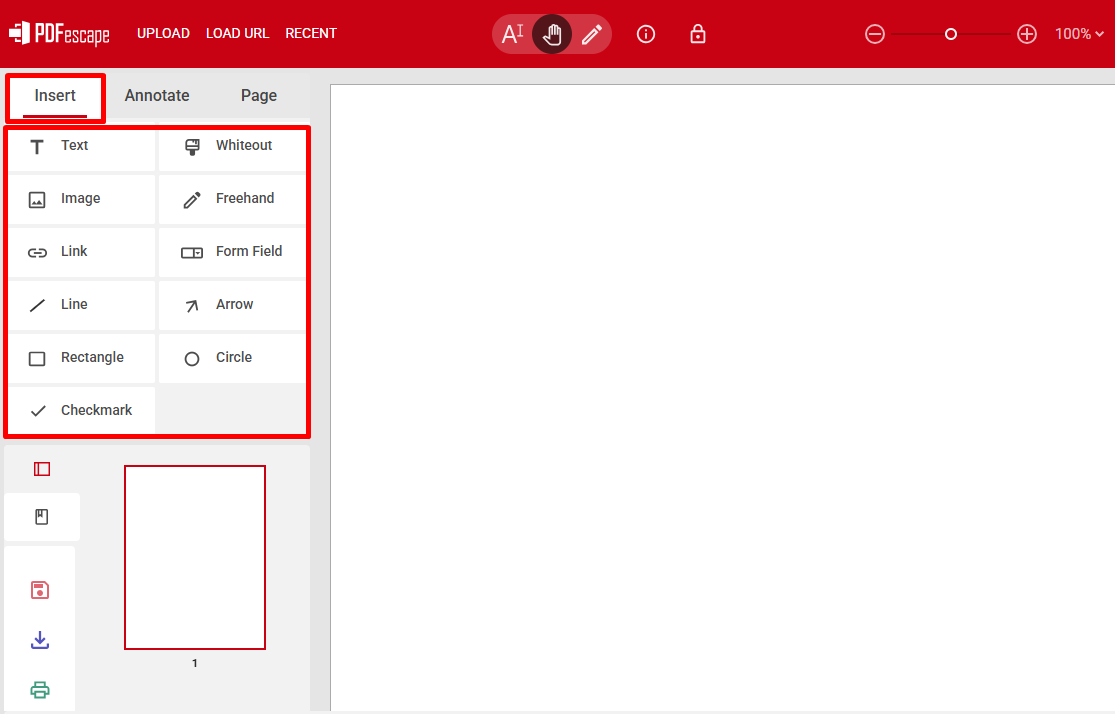 Интерфейс PDFescape Online: вкладка Insert