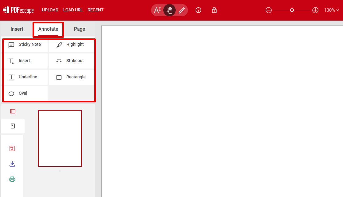 Интерфейс PDFescape Online: вкладка Annotate