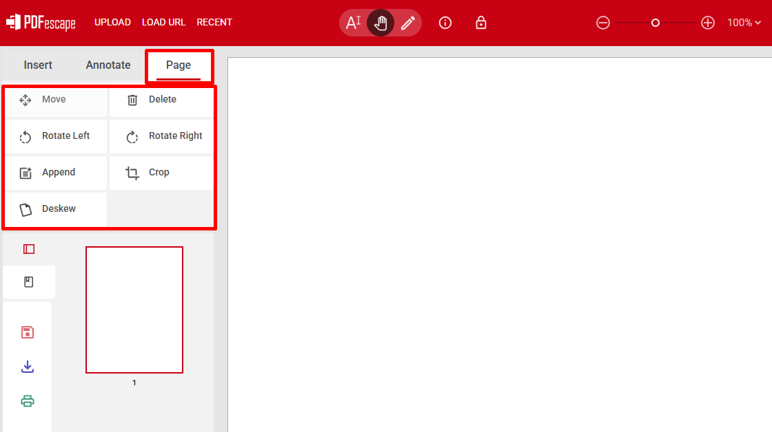 Интерфейс PDFescape Online: вкладка Page