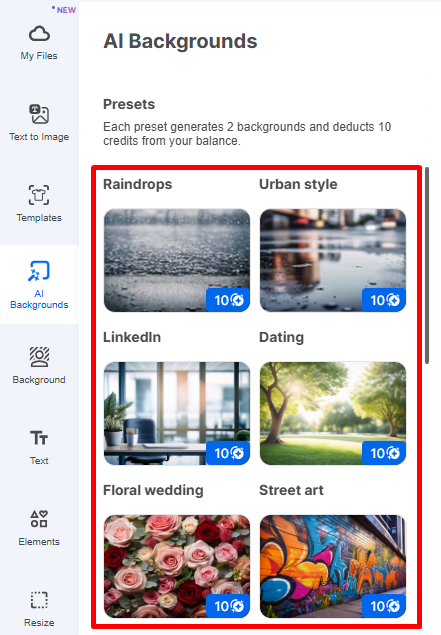 Пресеты AI Backgrounds в InPixio Online Photo Editor