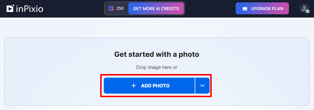 Стартовый экран InPixio Online Photo Editor с кнопкой ADD PHOTO