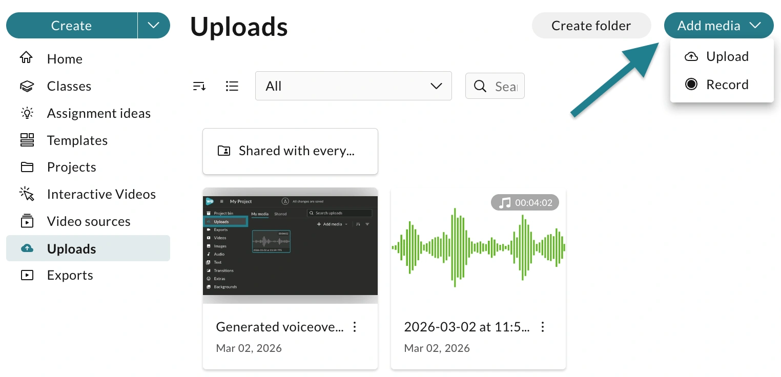 Раздел Uploads в WeVideo с кнопкой Add media