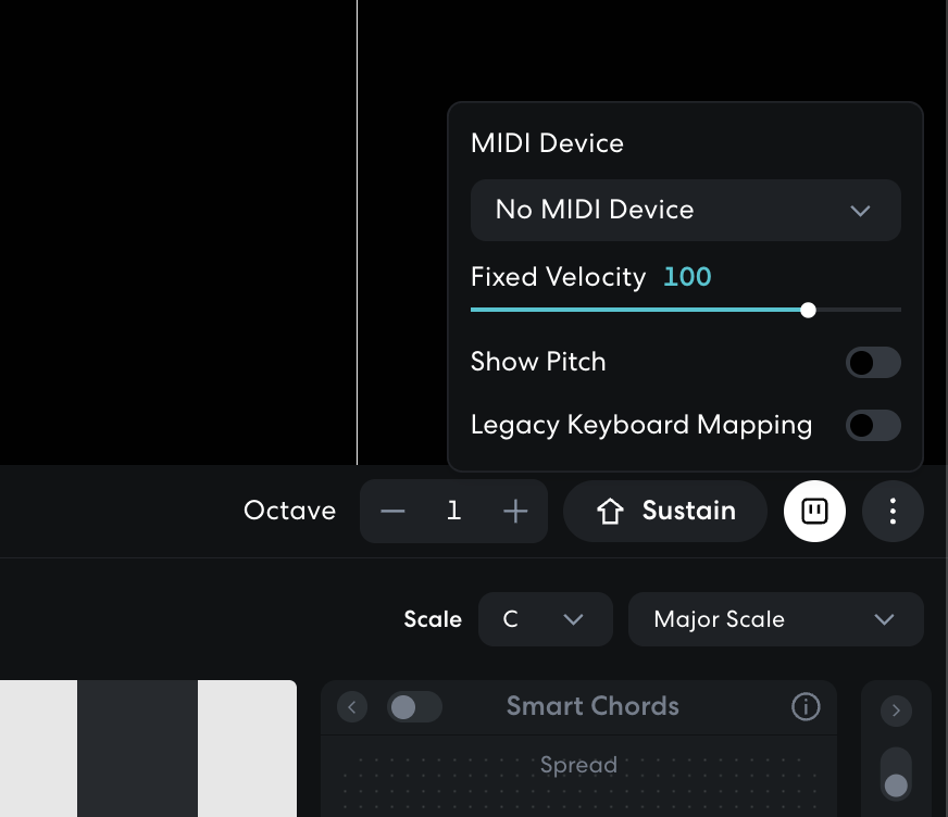 Панель настроек виртуального инструмента и MIDI в BandLab