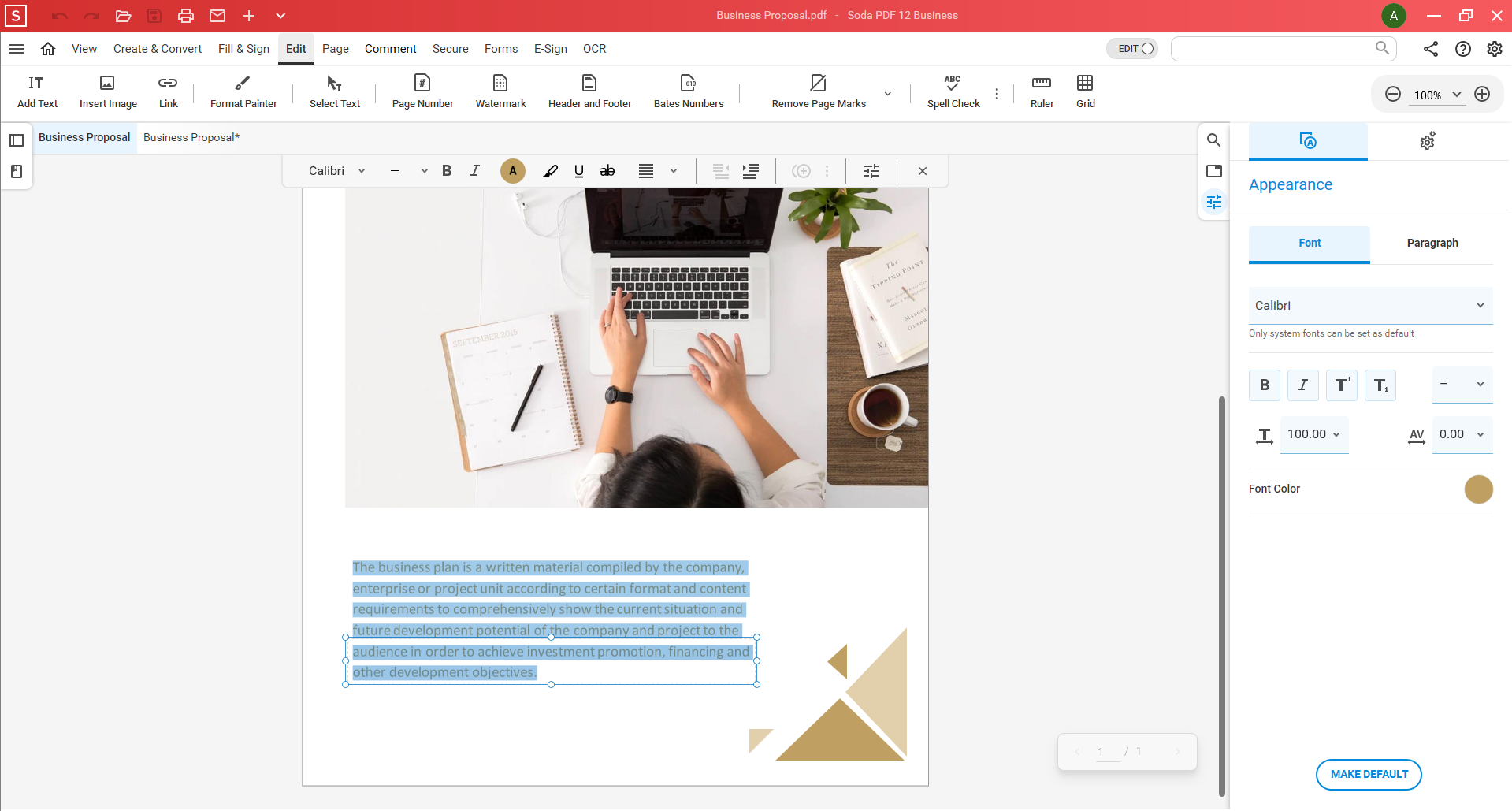 Интерфейс редактирования в Soda PDF