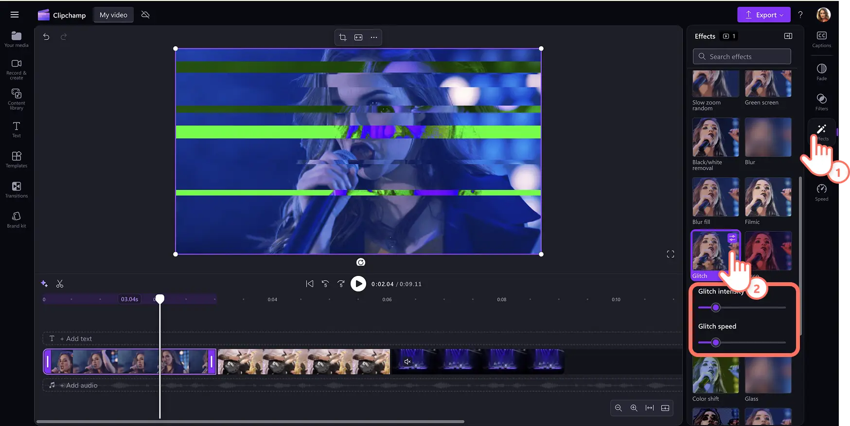 Скриншот Clipchamp: применение glitch-эффекта и настройка интенсивности