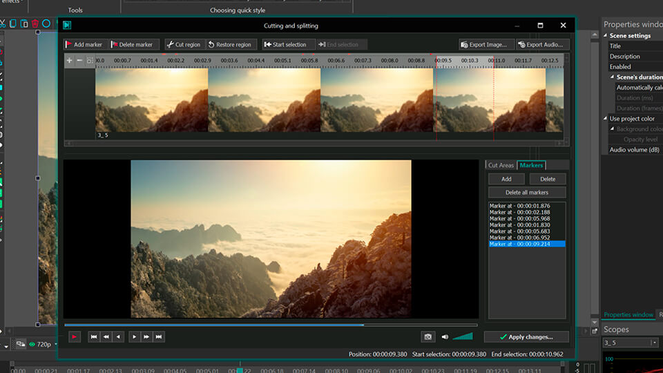 Интерфейс VSDC Free Video Editor с инструментом Cutting and splitting