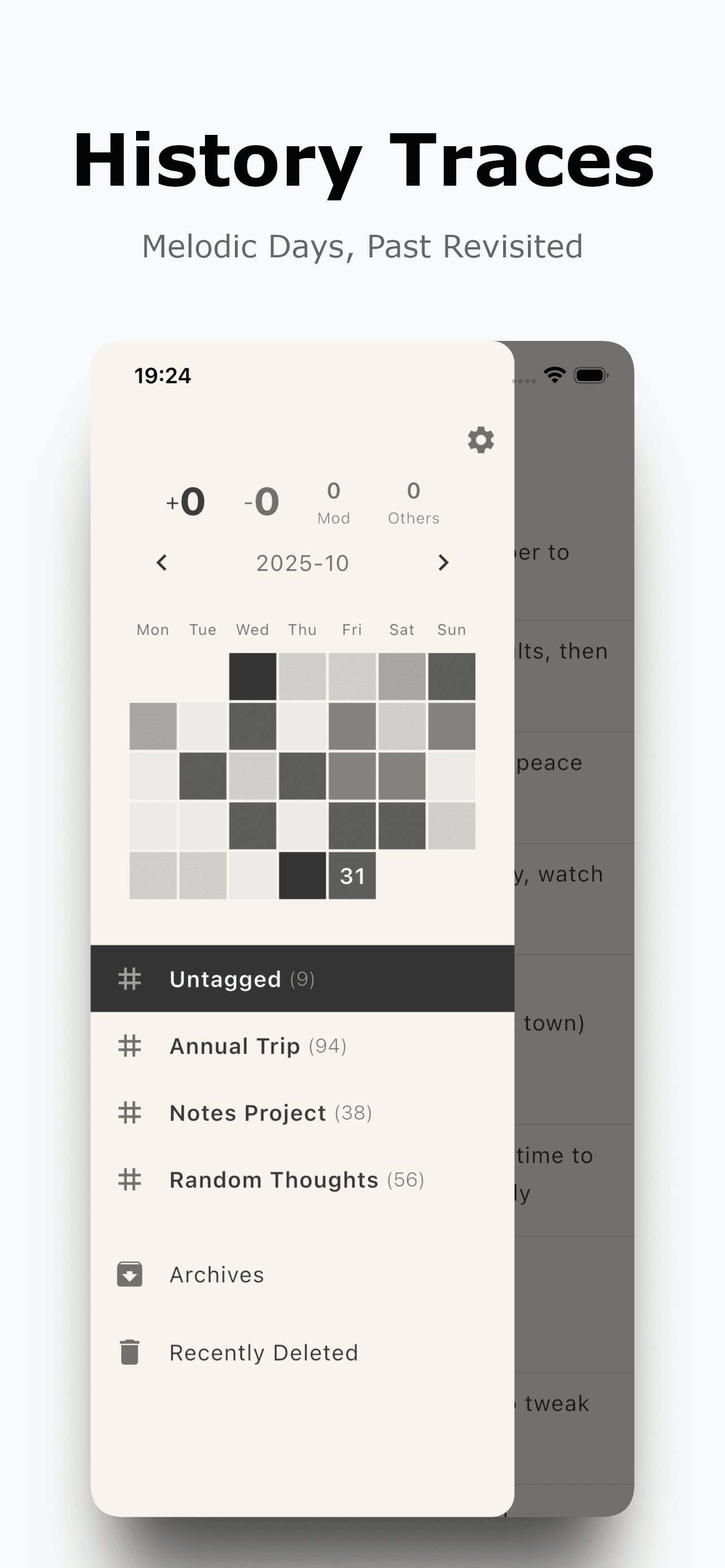 Боковая панель Offnote со структурой разделов, архивом и недавно удалёнными заметками