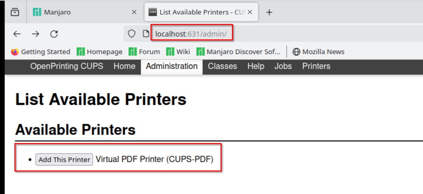 CUPS-PDF в списке доступных принтеров CUPS