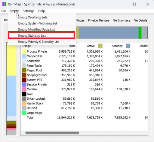 Меню Empty в Sysinternals RAMMap с пунктом Empty Standby List