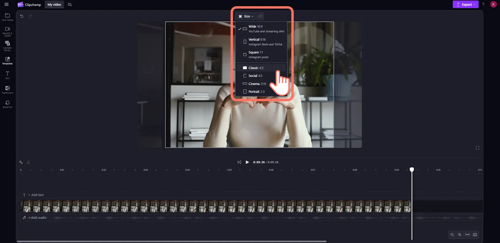Выбор пропорций в Clipchamp