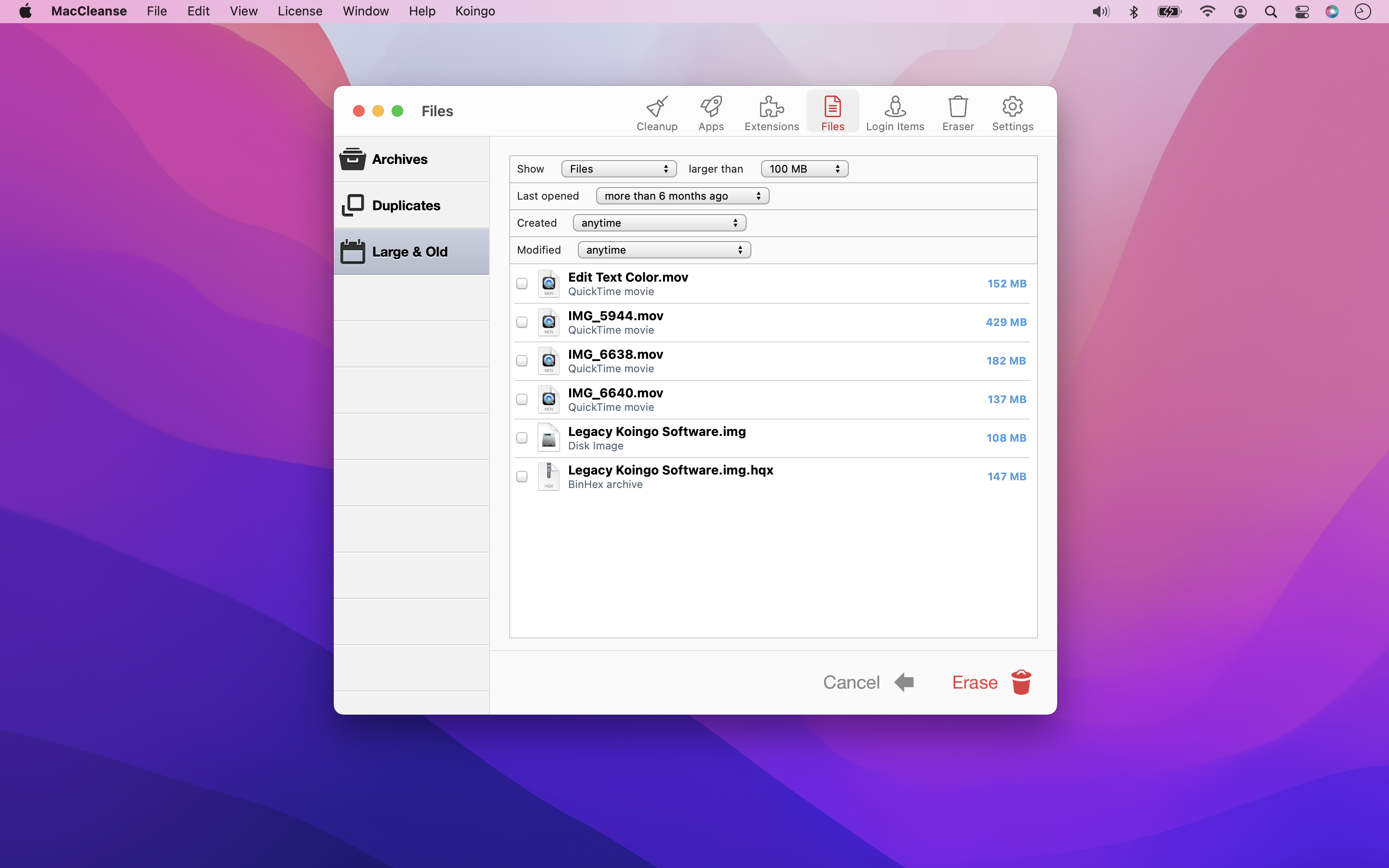Вкладка Files в MacCleanse