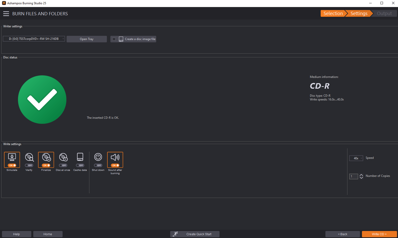 Экран записи данных и настройки прожига в Ashampoo Burning Studio