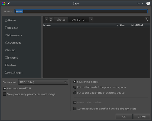 Окно сохранения в RawTherapee