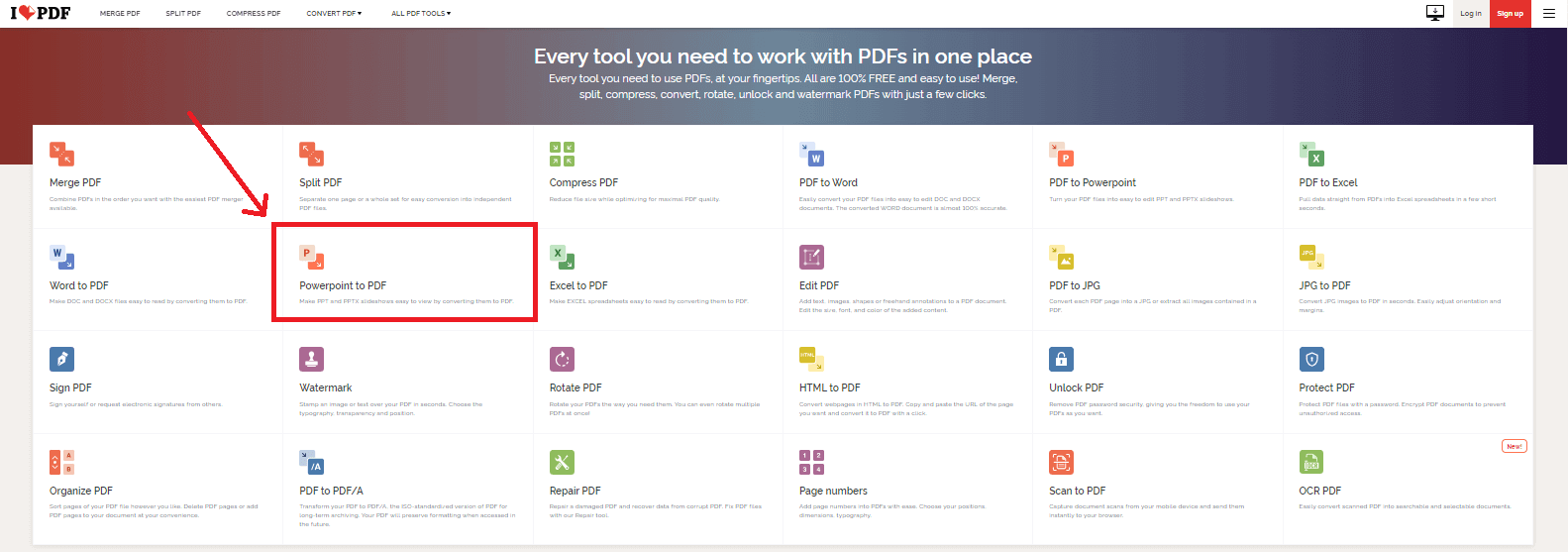 Скриншот раздела PowerPoint to PDF в iLovePDF