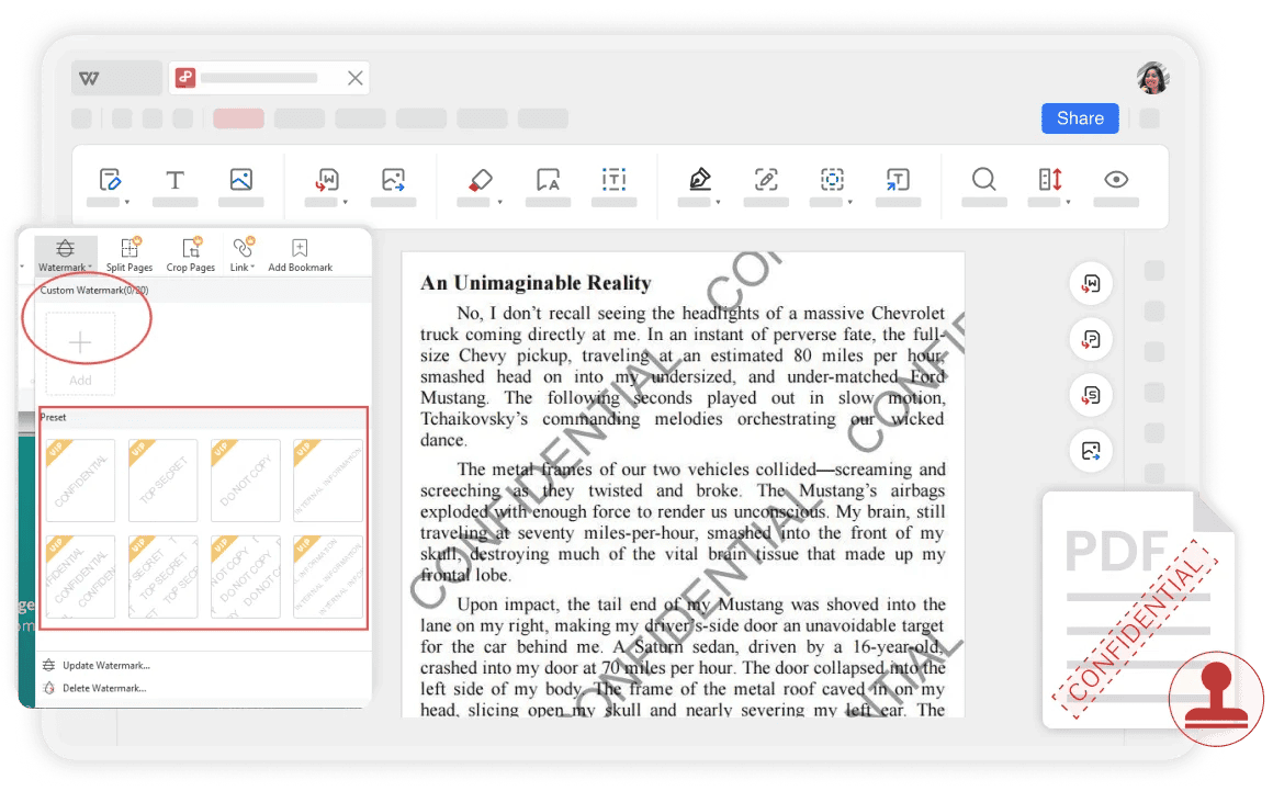 Инструмент Watermark PDF в WPS Office