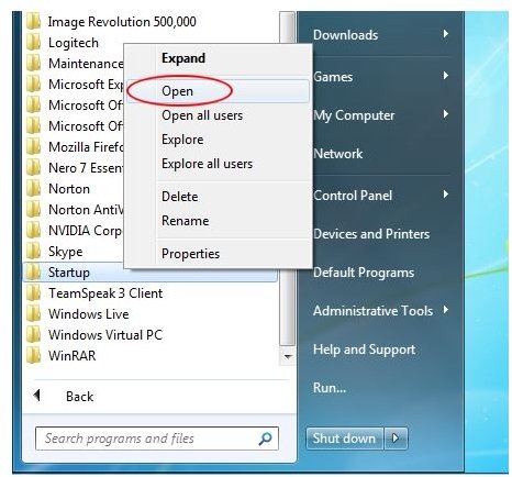 Открытие папки Автозагрузка через меню Пуск