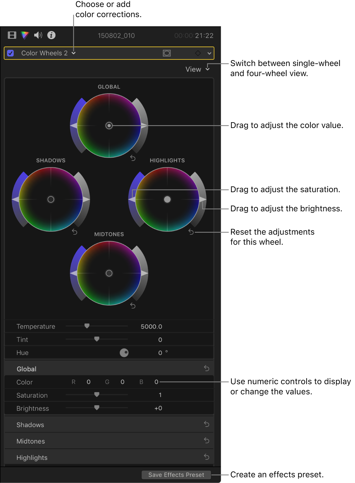 Final Cut Pro: Color Wheels в Color inspector