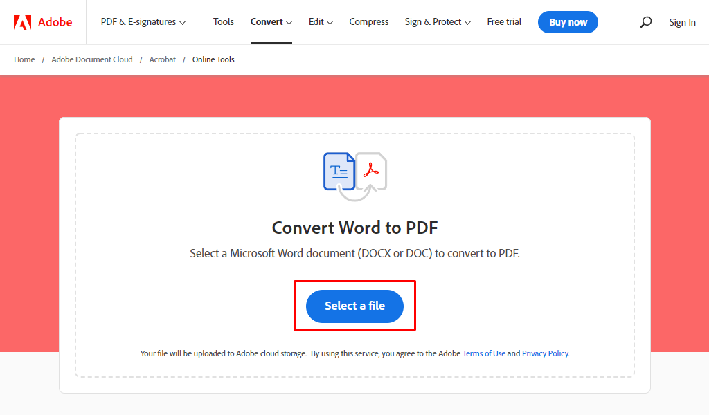 Интерфейс Acrobat Online с кнопкой Select a file для конвертации Word в PDF