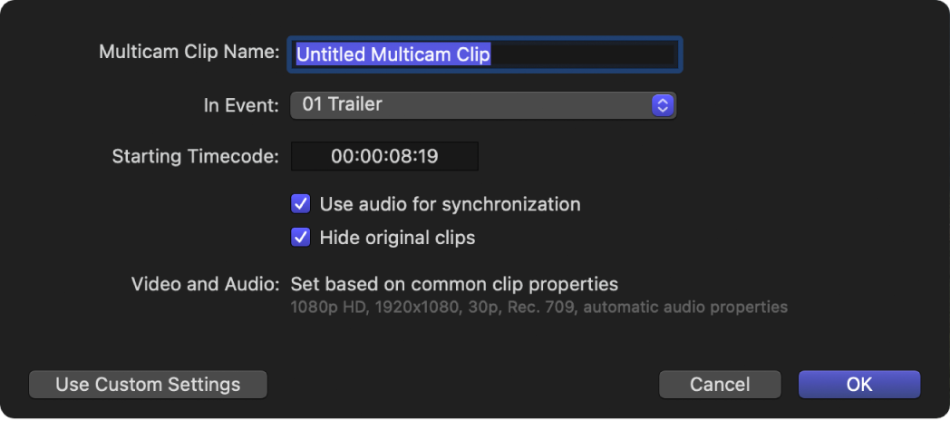 Final Cut Pro: настройки создания Multicam Clip