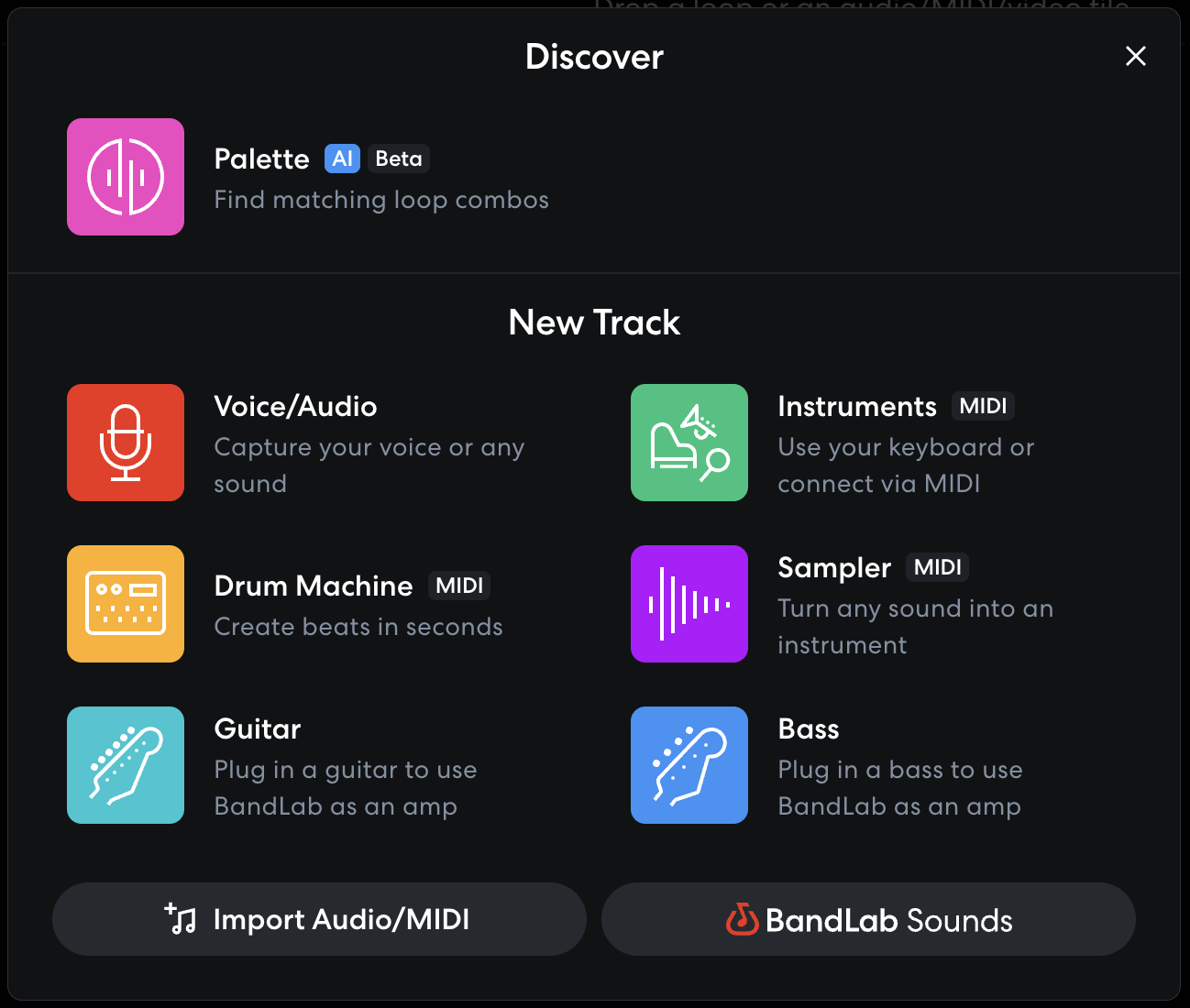 Выбор новой дорожки Voice Audio в BandLab