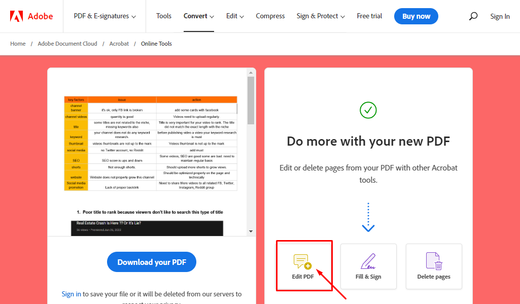 После создания PDF Acrobat Online предлагает продолжить работу с Edit PDF, Fill & Sign или Delete pages