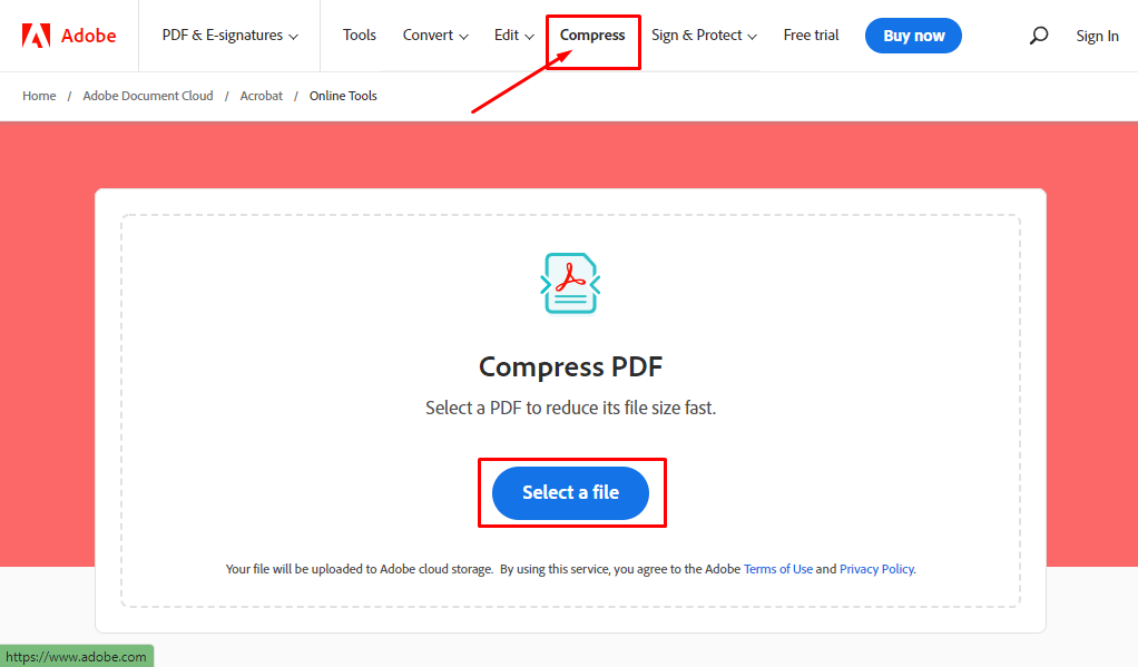 Инструмент Compress PDF в Acrobat Online с кнопкой Select a file