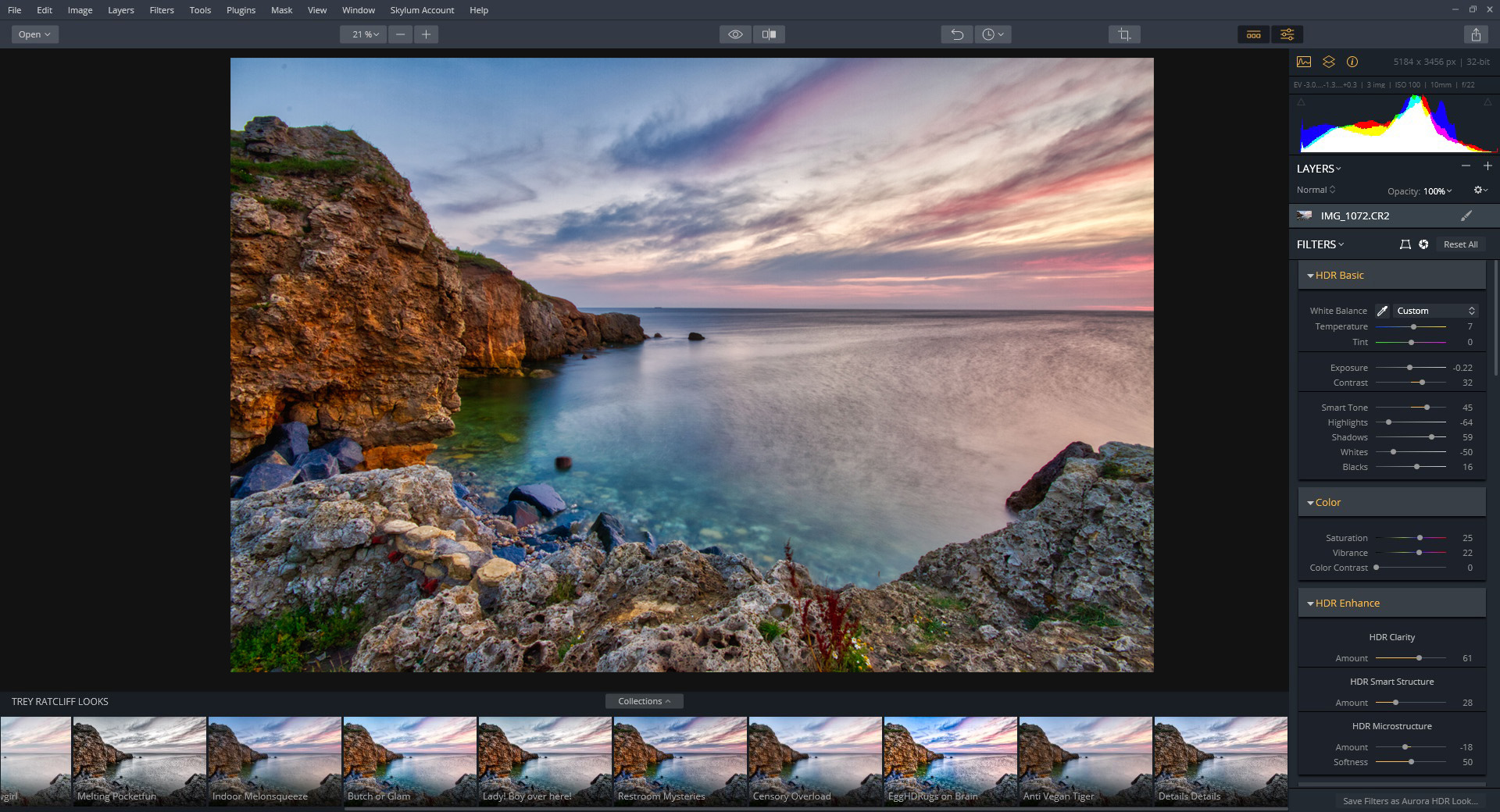 Интерфейс Aurora HDR 2019 с правой панелью Layers / Filters и нижней лентой Looks