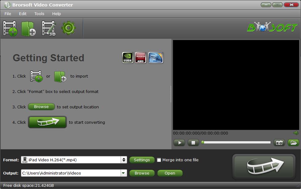 Главное окно Brorsoft Video Converter с подсказками по основным действиям