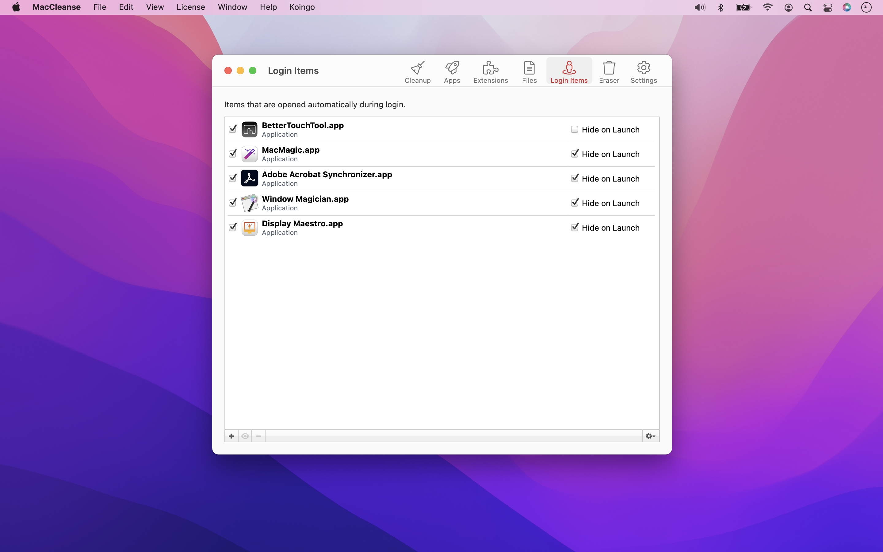 Раздел Login Items в MacCleanse