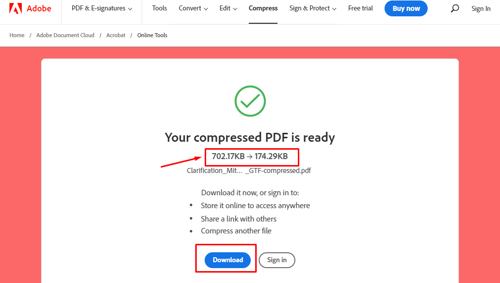 Результат сжатия PDF в Acrobat Online с кнопкой Download
