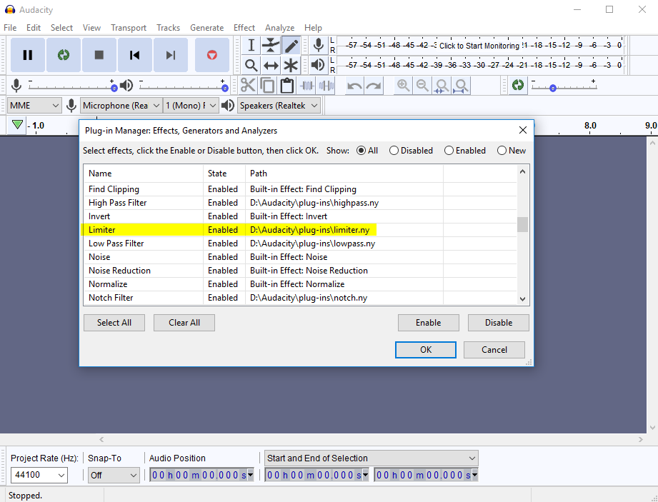 Менеджер плагинов в Audacity