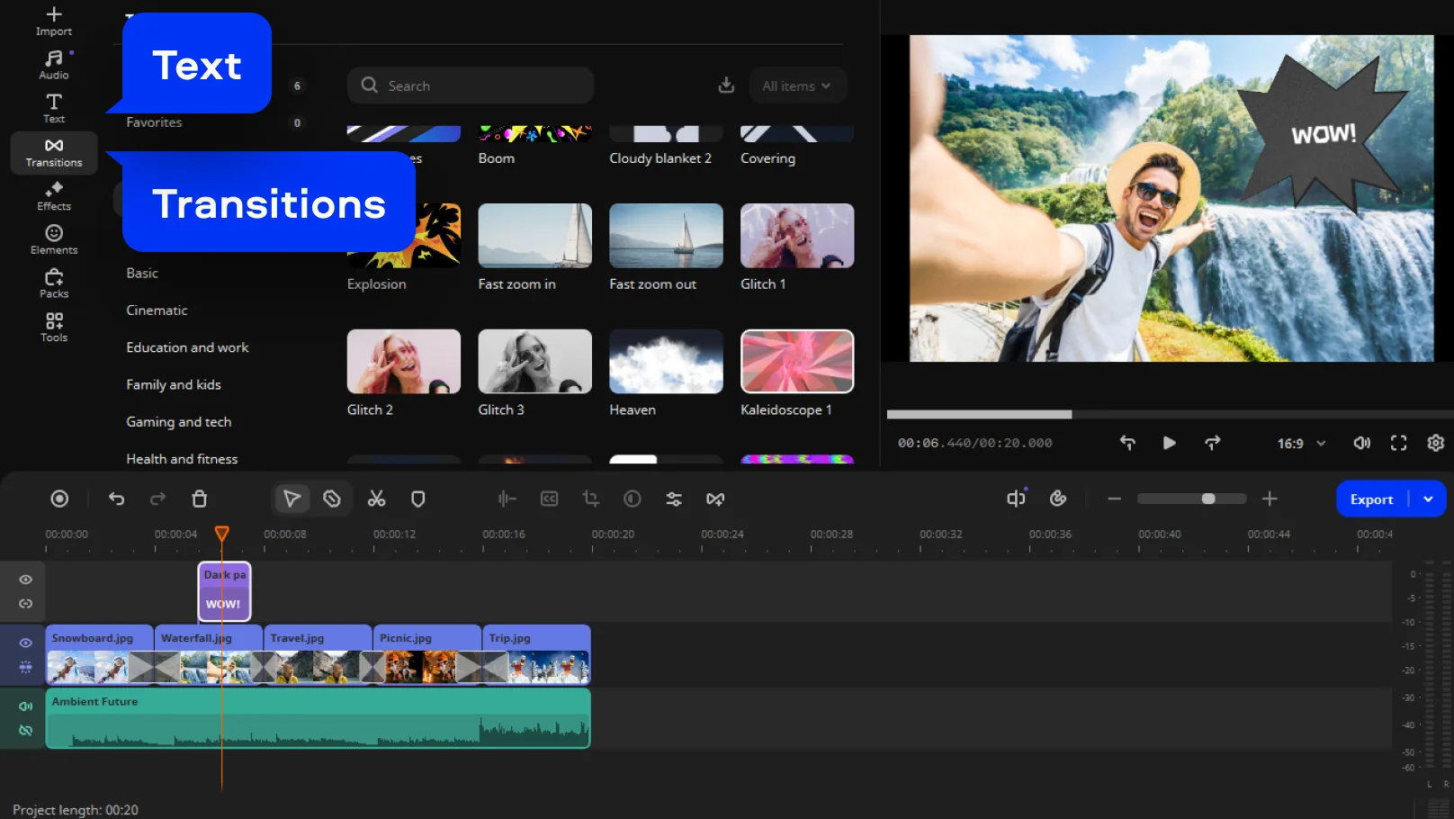 Переходы в Movavi Slideshow Maker: Blinds, Circle out, Fade to black, Ken Burns и другие варианты