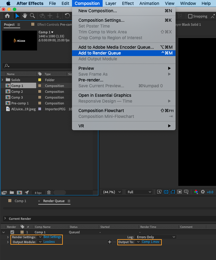 Рендер через Render Queue в Adobe After Effects