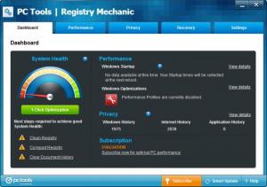 Главное окно Registry Mechanic с разделами Dashboard, Performance, Privacy, Recovery и Settings