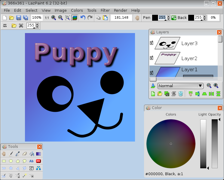LazPaint с панелью Layers, Color Window и несколькими слоями