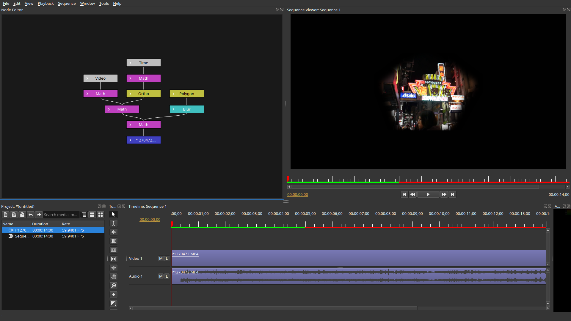 Интерфейс Olive Video Editor с Node Editor, Sequence Viewer, Project panel и Timeline