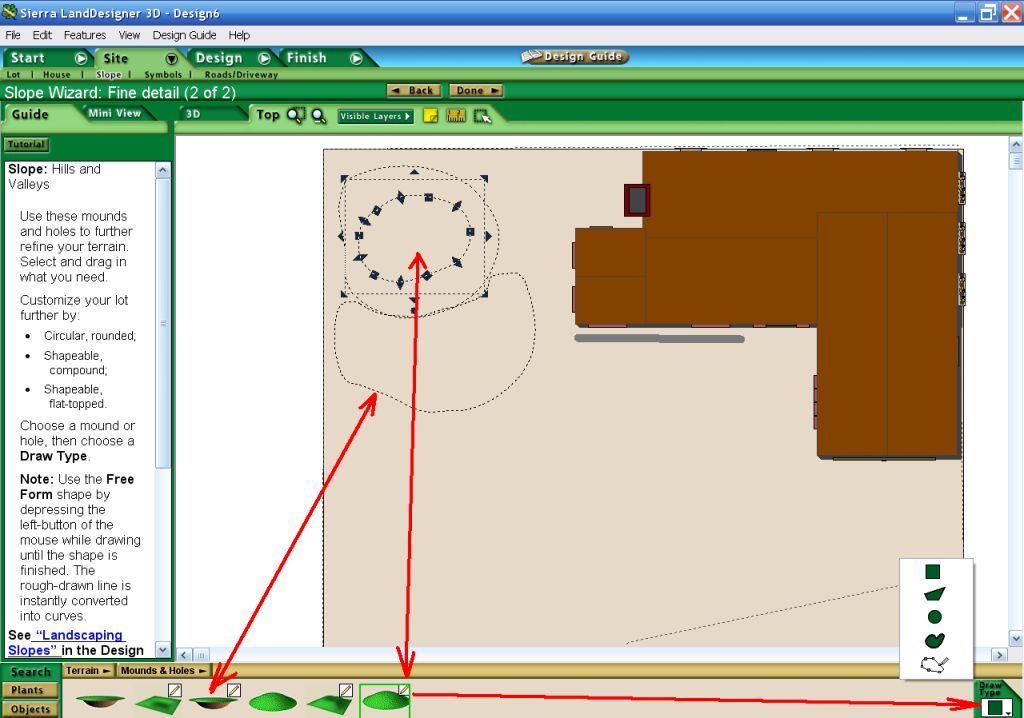 Этап работы с рельефом в Sierra LandDesigner 3D: Slope Wizard и локальные перепады