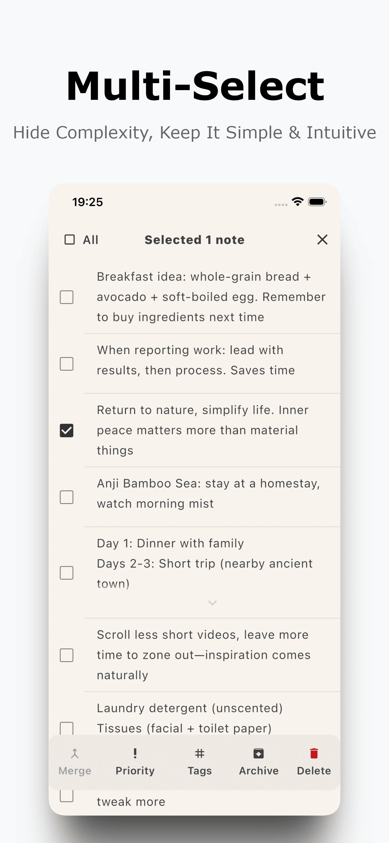 Режим выбора нескольких заметок в Offnote с действиями Merge, Priority, Tags, Archive и Delete