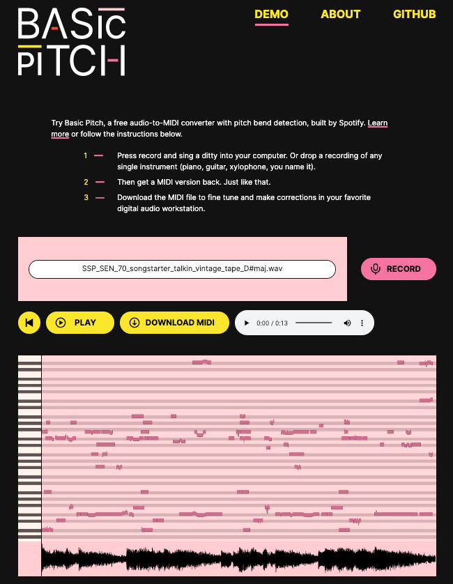 Интерфейс Basic Pitch с кнопкой Download MIDI