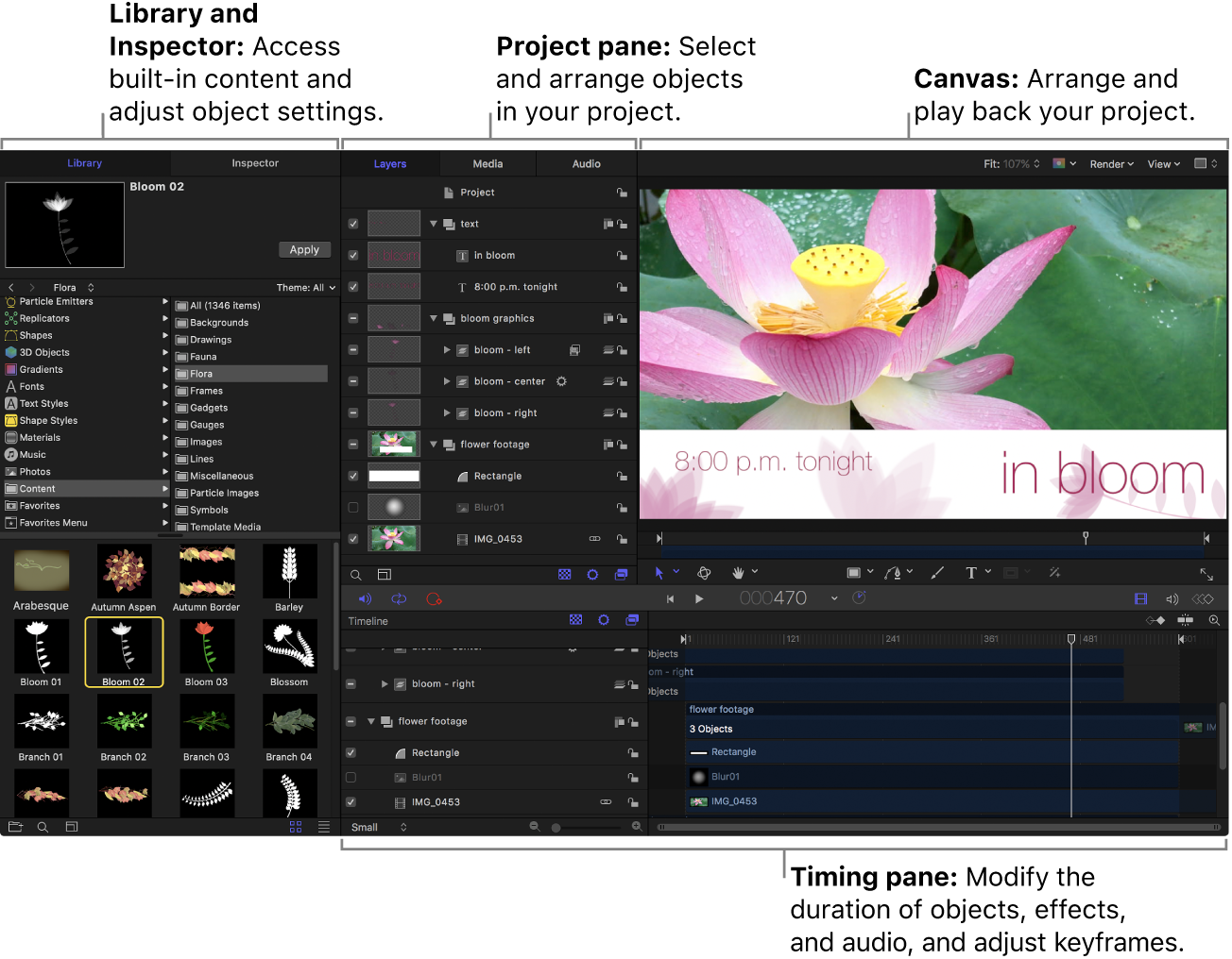 Интерфейс Apple Motion с Library, Inspector, Layers, Canvas и Timeline