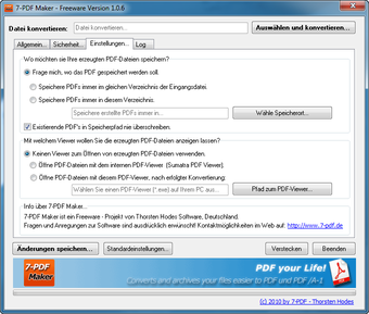 Вкладка Settings в 7-PDF Maker с настройками папки сохранения и PDF-просмотрщика