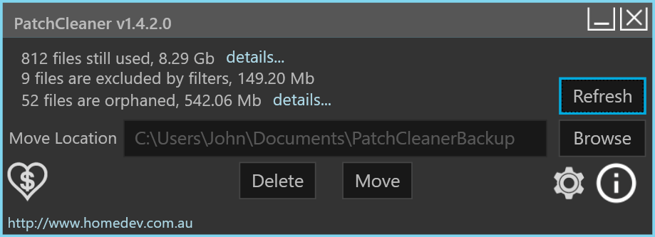 Главное окно PatchCleaner с результатами сканирования, кнопками Refresh, Browse, Delete и Move