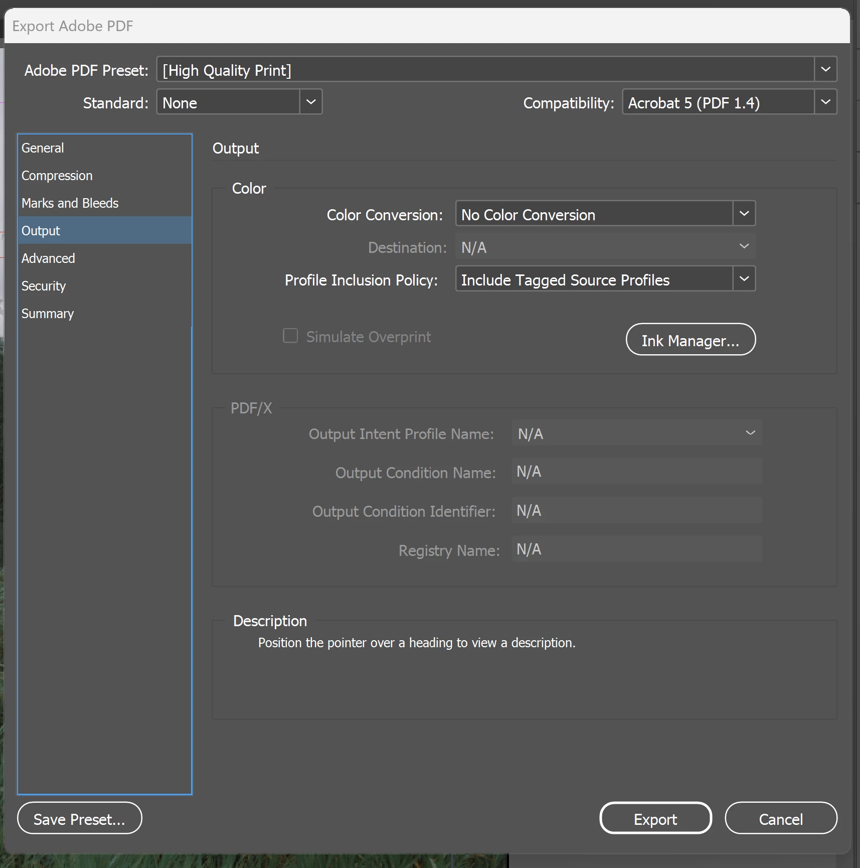 Окно Export Adobe PDF в Adobe InDesign с настройками Output и Color Conversion