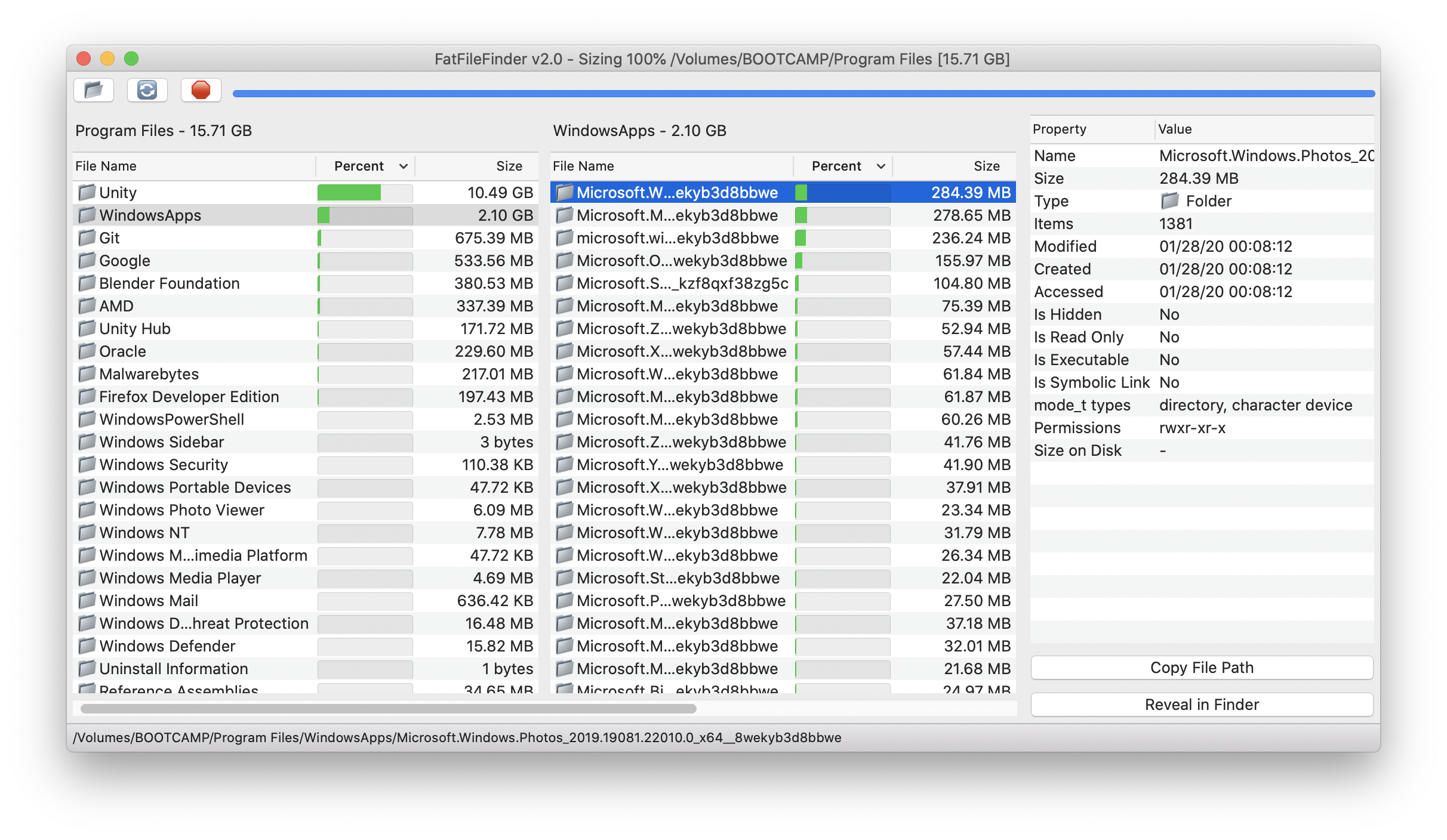 Главное окно FatFileFinder с результатами анализа папки, колонками File Name, Percent и File Size, боковой панелью свойств и кнопками Copy File Path / Reveal in Finder