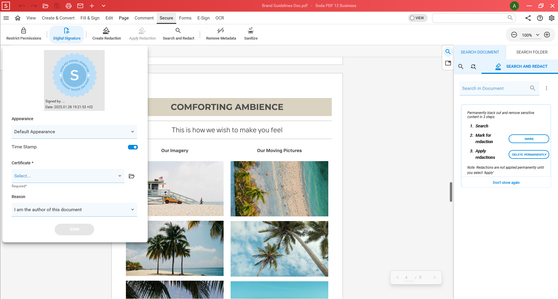 Инструменты защиты и redaction в Soda PDF