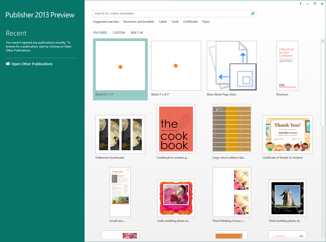 Стартовый экран Microsoft Publisher с шаблонами публикаций